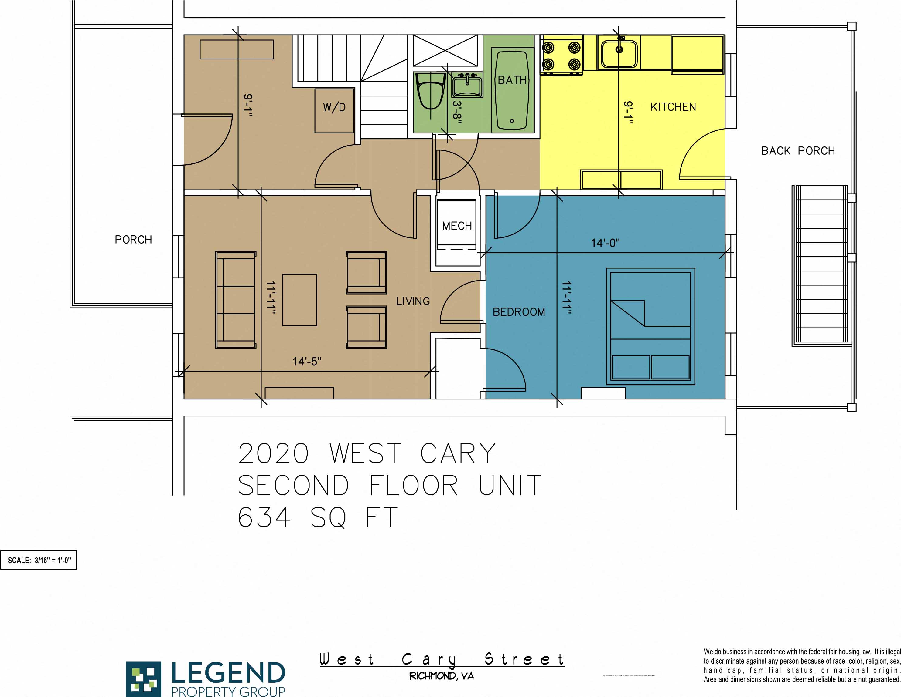 Floor plan for 1 bed, 1 bath, 742 sqft